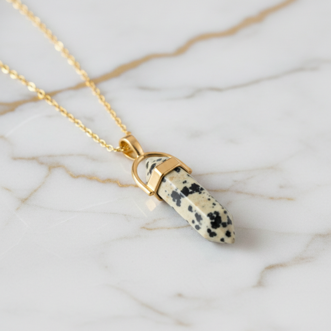 Dalmation Jasper Crystal Pendant with Gold-Tone Chain