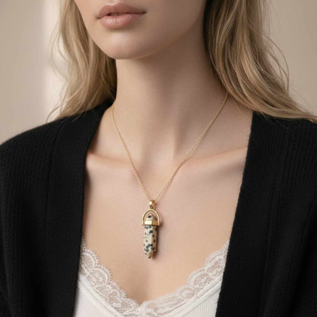Dalmation Jasper Crystal Pendant with Gold-Tone Chain