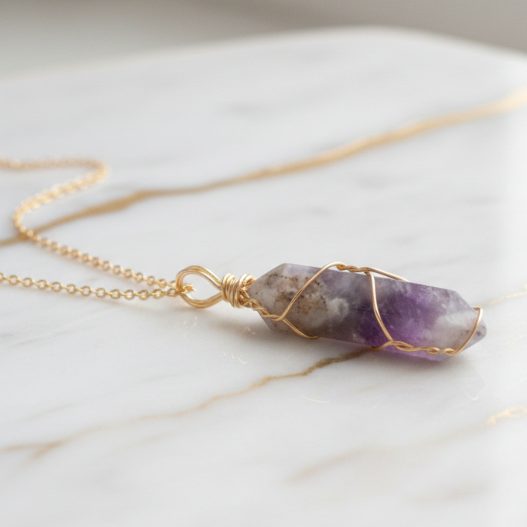 Amethyst Crystal Pendant with Gold-Tone Chain