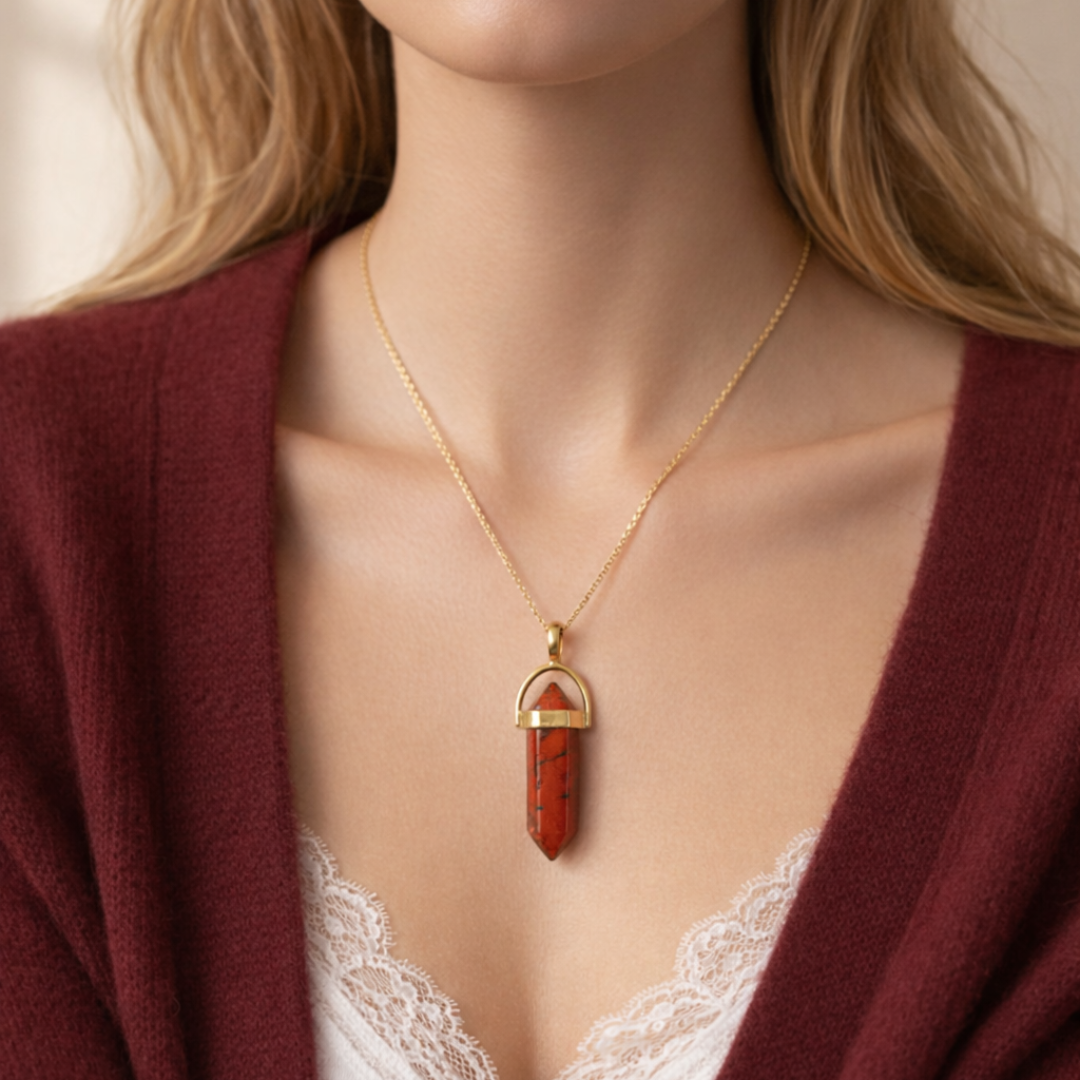 Red Jasper Crystal Pendant with Gold-Tone Chain