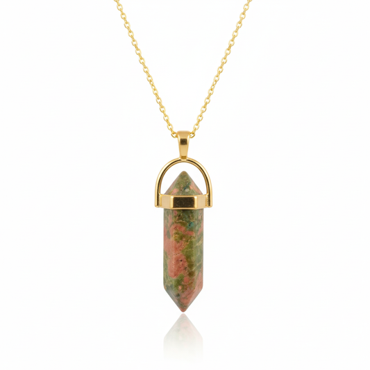 Unakite Crystal Pendant with Gold-Tone Chain