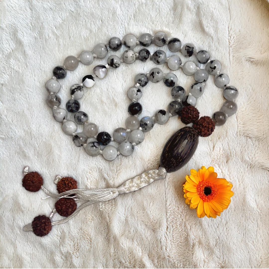 Rainbow Moonstone Japa Mala For Intuition, Emotional Balance & Spiritual Growth (54 Breads)