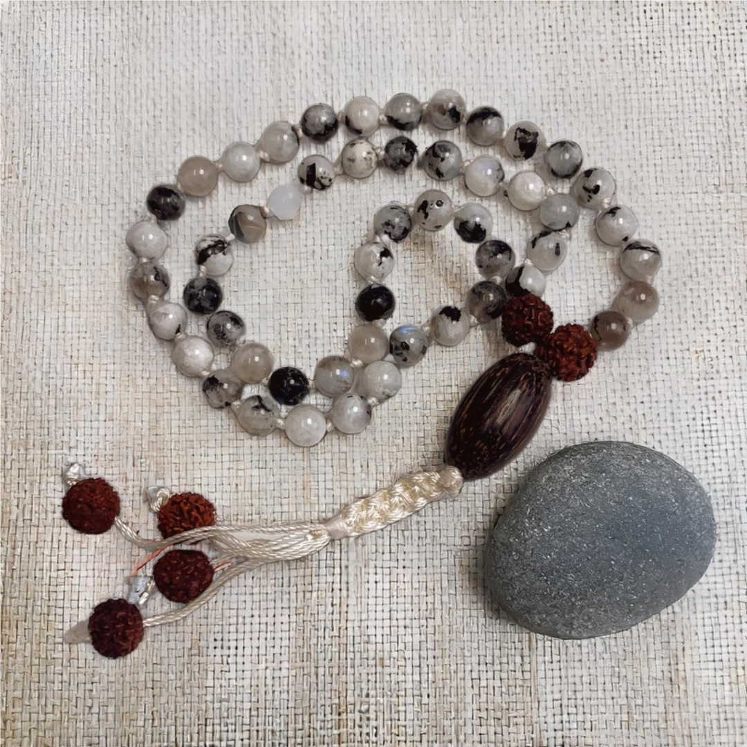 Rainbow Moonstone Japa Mala For Intuition, Emotional Balance & Spiritual Growth (54 Breads)