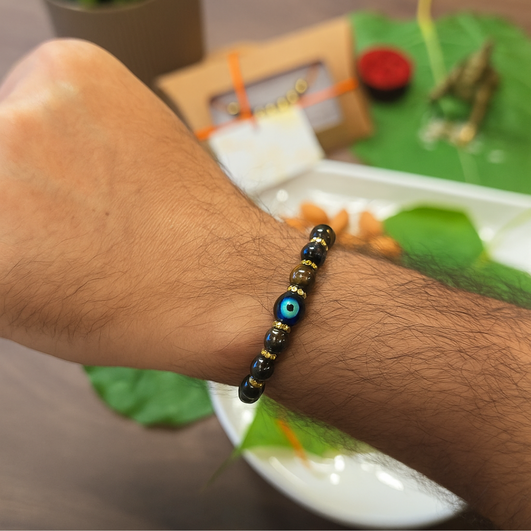 Protection Rakhi – Hematite, Tiger Eye & Black Obsidian