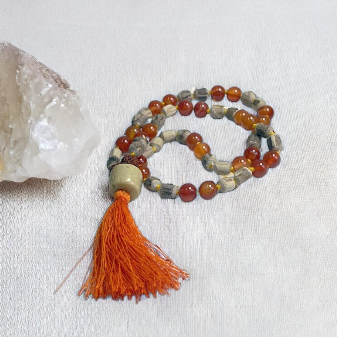Tulsi and Carnelian Japa Mala For Devotion, Strength & transformation (54 Beads)