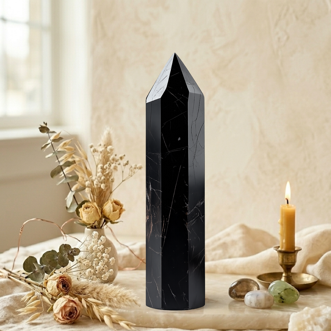 Natural Black Tourmaline Tower for Energy Protection, Grounding, and Negative Vibes Removal
