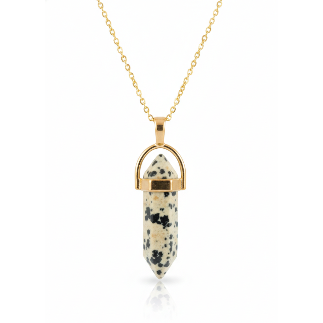 Dalmation Jasper Crystal Pendant with Gold-Tone Chain