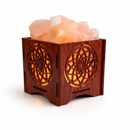 Himalayan Salt Lamp – Sacred Mandala Wooden Crystal Glow Lamp