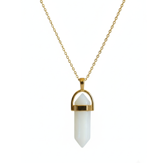 White Opalite Crystal Pendant with Gold-Tone Chain