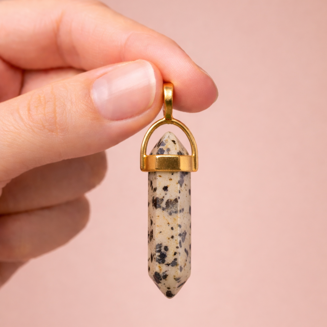Dalmation Jasper Crystal Pendant with Gold-Tone Chain