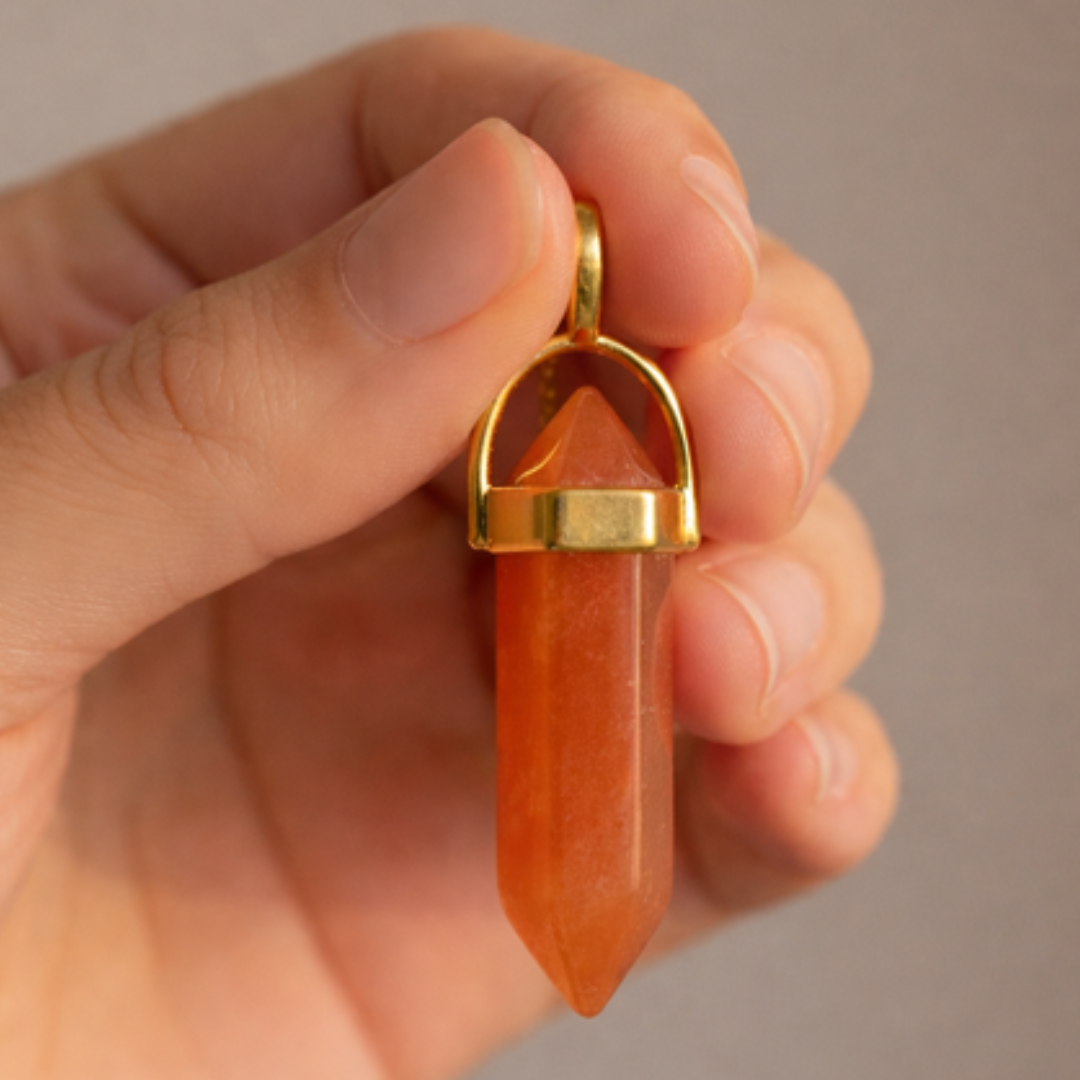 Orange Carnelian Crystal Pendant with Gold-Tone Chain