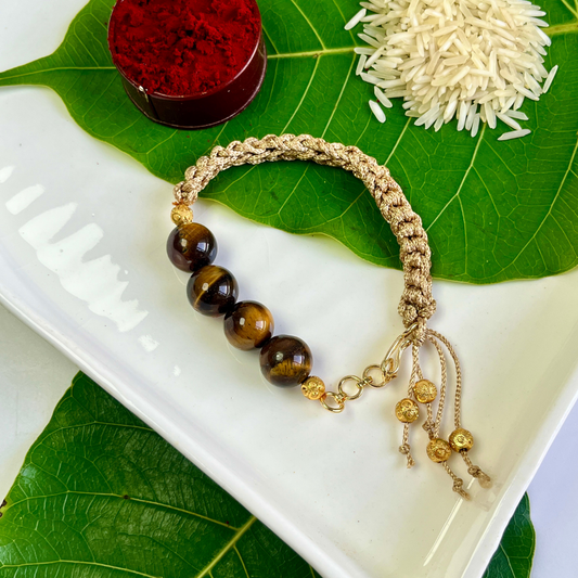 Bold Tiger Eye Rakhi – 12mm Beads for Strength & Protection
