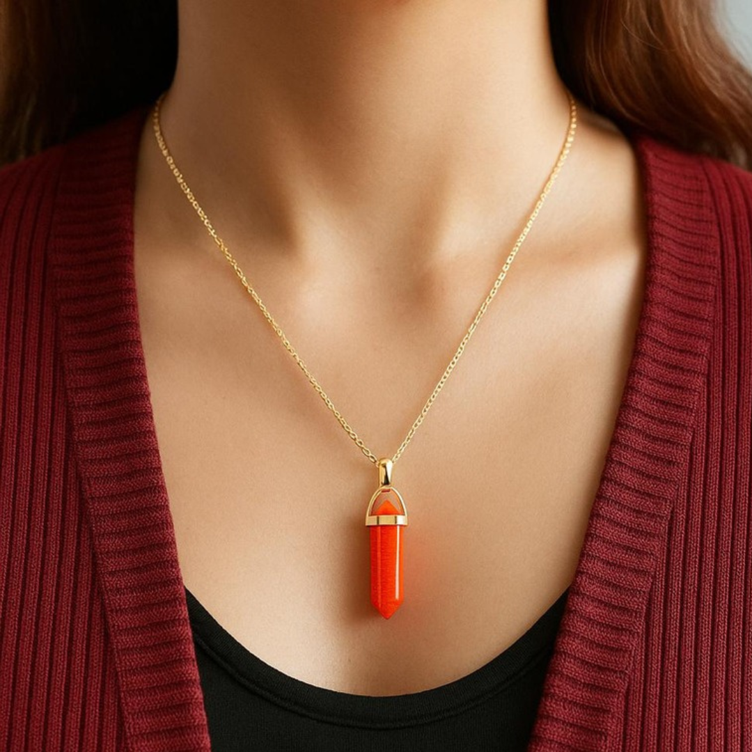 Orange Carnelian Crystal Pendant with Gold-Tone Chain