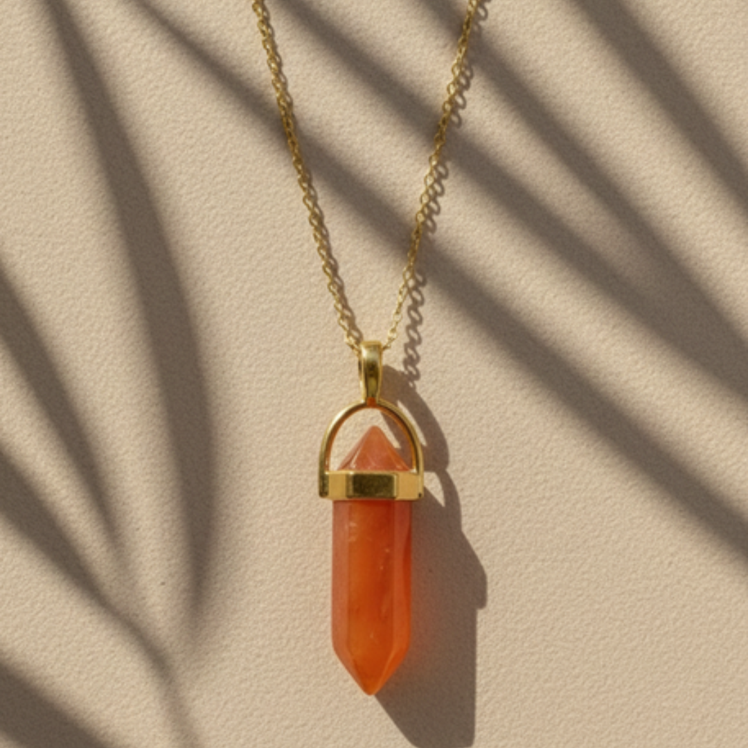 Orange Carnelian Crystal Pendant with Gold-Tone Chain