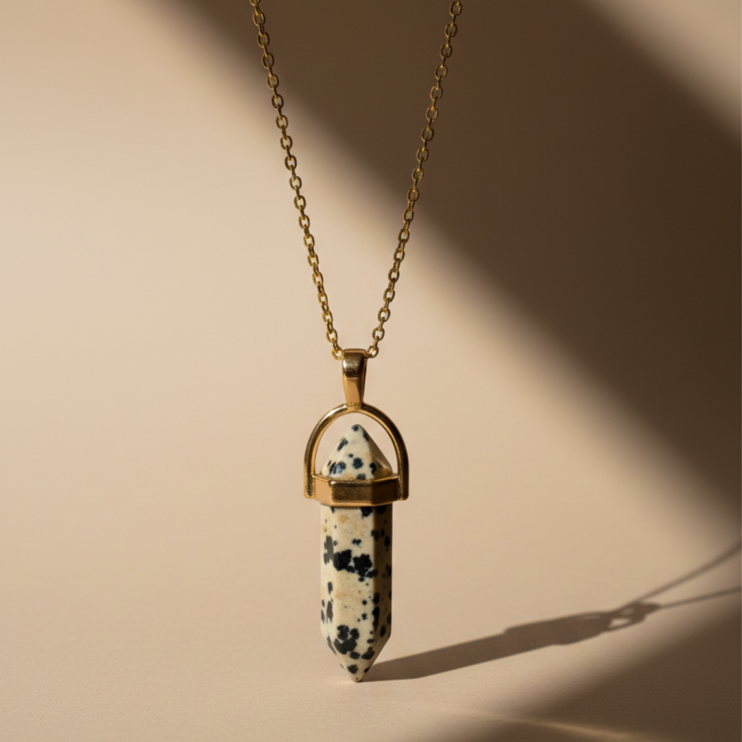 Dalmation Jasper Crystal Pendant with Gold-Tone Chain