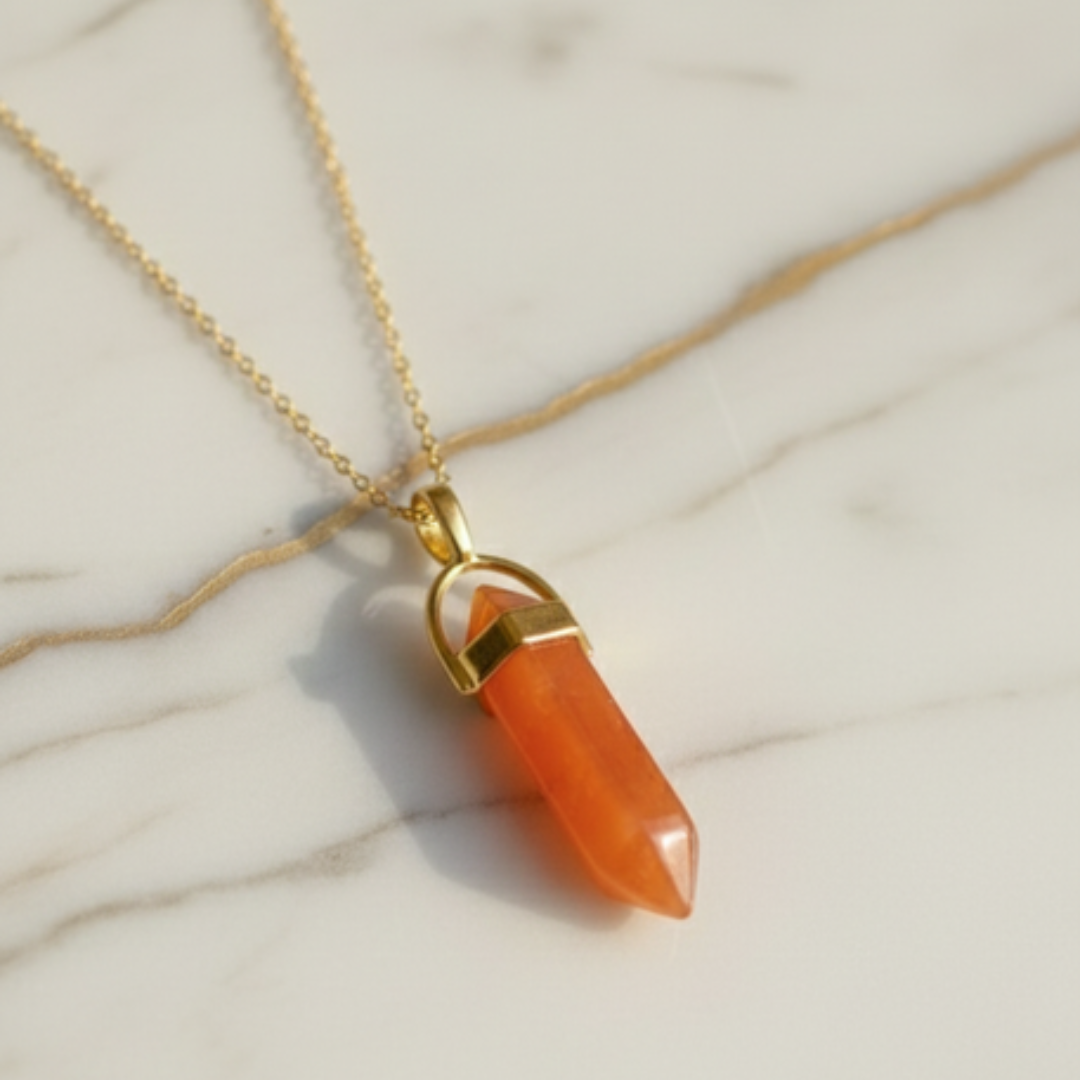 Orange Carnelian Crystal Pendant with Gold-Tone Chain