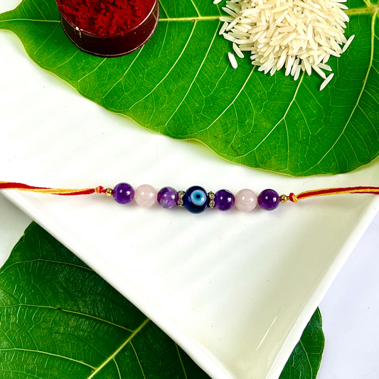 Amethyst & Rose Quartz Rakhi with Evil Eye – Love, Peace & Protection