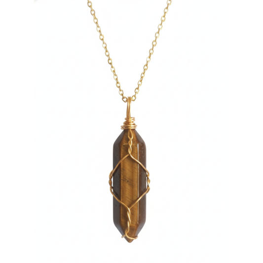 Tiger Eye Crystal Pendant with Gold-Tone Chain