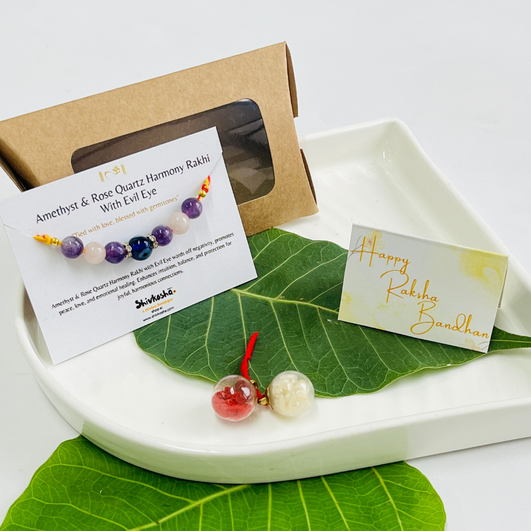 Amethyst & Rose Quartz Rakhi with Evil Eye – Love, Peace & Protection