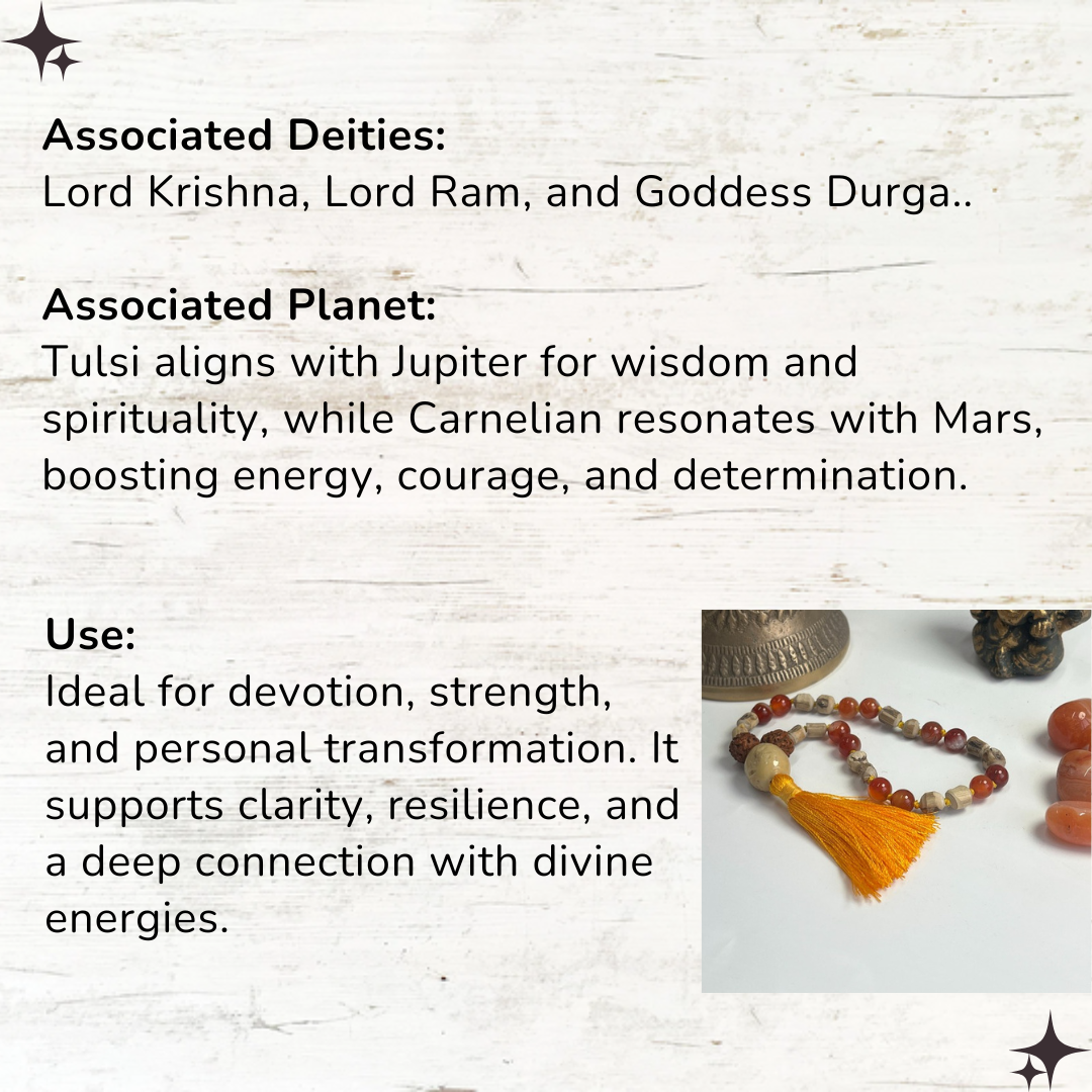 Tulsi and Carnelian Japa Mala For Devotion, Strength & transformation (54 Beads)