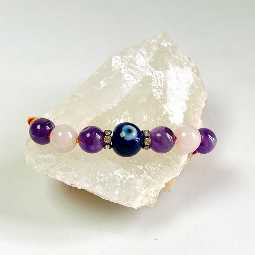 Amethyst & Rose Quartz Rakhi with Evil Eye – Love, Peace & Protection