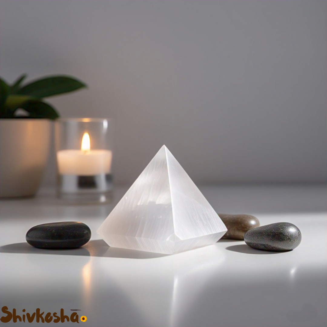Natural Selenite Crystal Pyramid for Positive Energy, Vastu, Reiki and Chakra Healing