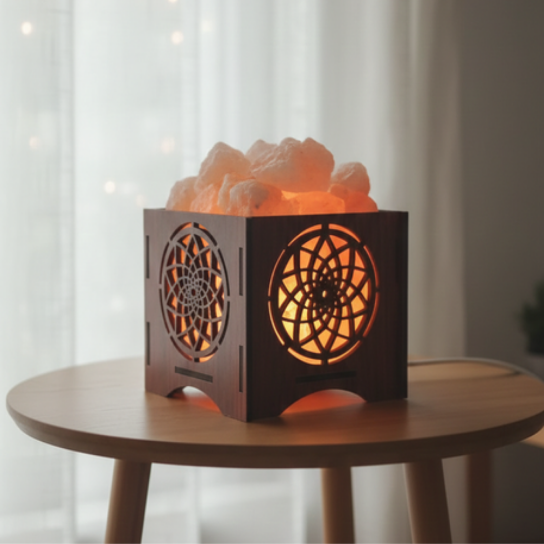 Himalayan Salt Lamp – Sacred Mandala Wooden Crystal Glow Lamp