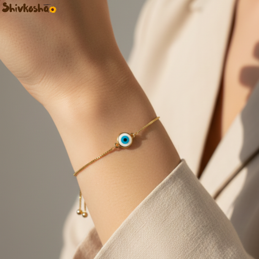 Shivkosha Evil Eye Protection Bracelet – Adjustable Gold Finish Nazar Suraksha Charm for Positivity, Protection & Good Luck