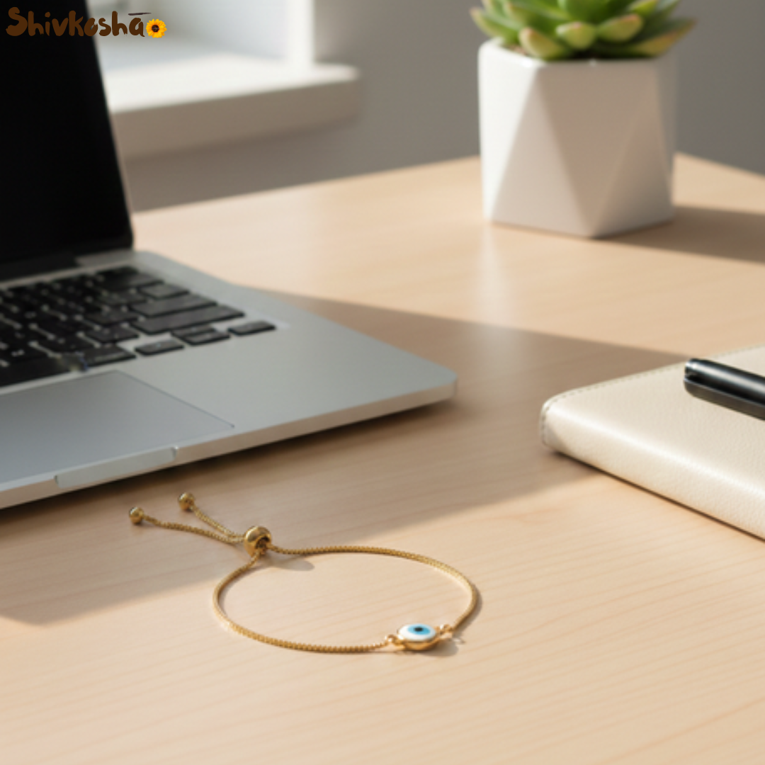 Shivkosha Evil Eye Protection Bracelet – Adjustable Gold Finish Nazar Suraksha Charm for Positivity, Protection & Good Luck
