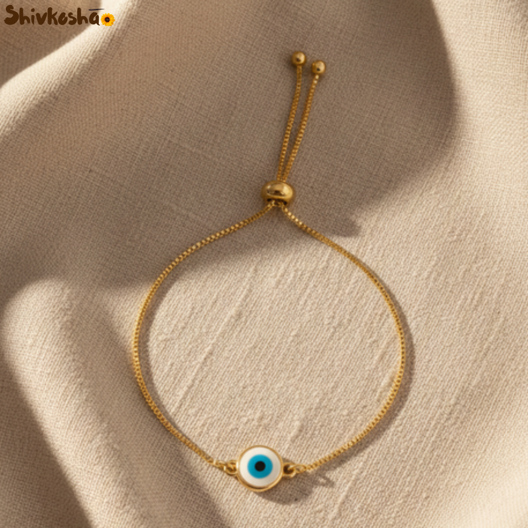 Shivkosha Evil Eye Protection Bracelet – Adjustable Gold Finish Nazar Suraksha Charm for Positivity, Protection & Good Luck