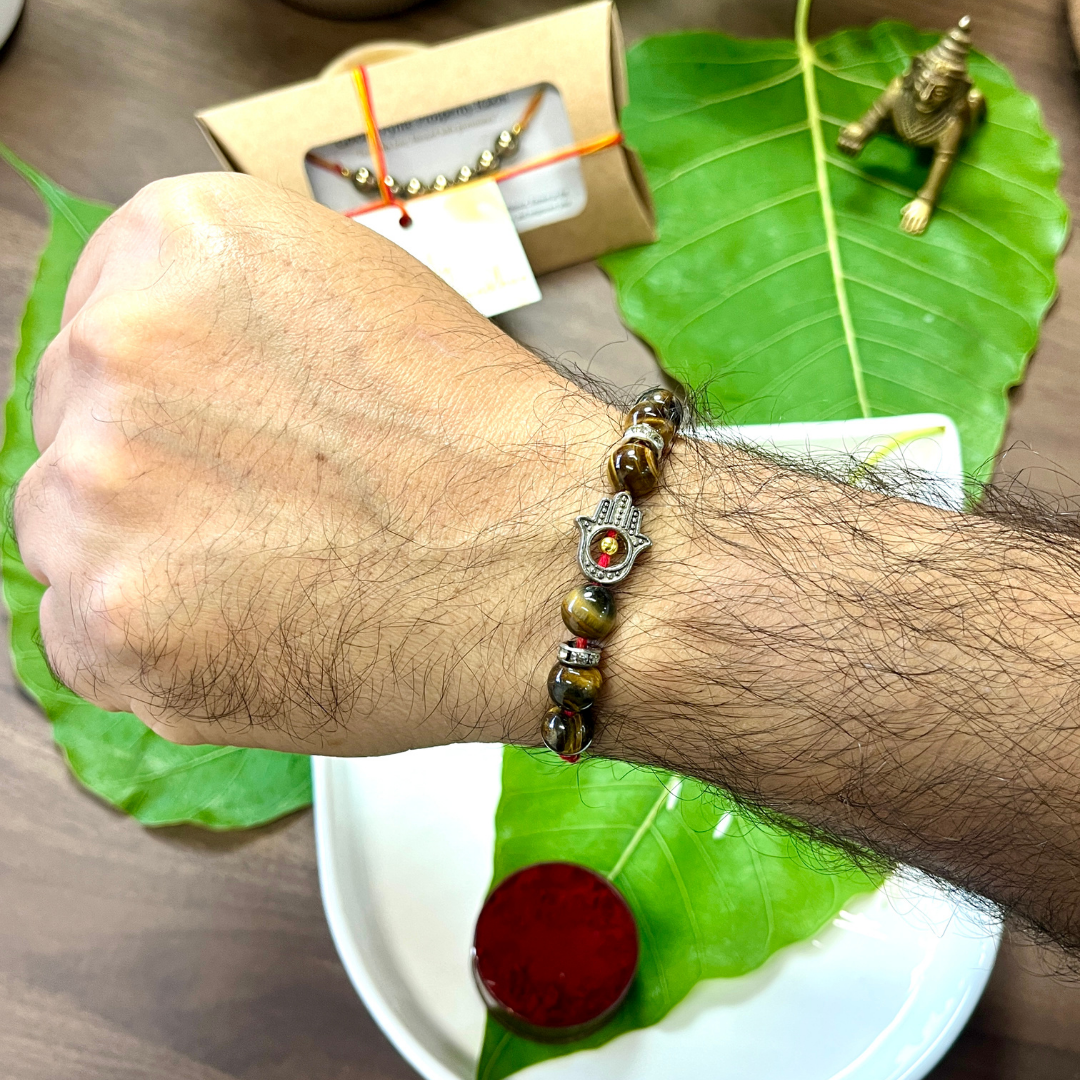 Tiger Eye Rakhi with Hamsa Charm – Protection & Power