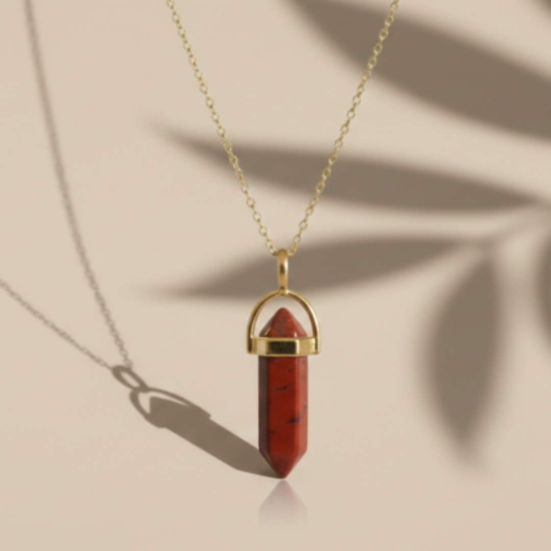 Red Jasper Crystal Pendant with Gold-Tone Chain