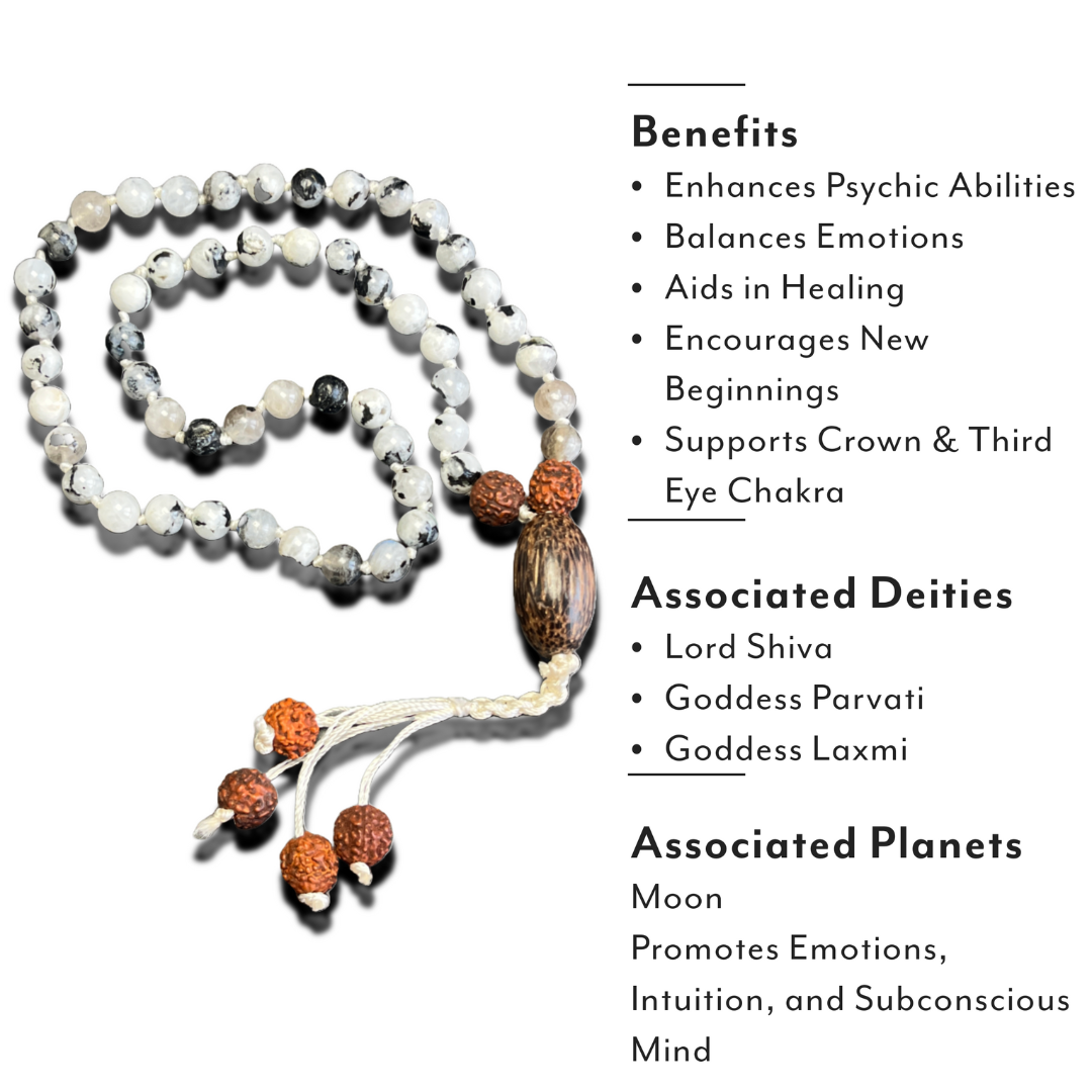 Rainbow Moonstone Japa Mala For Intuition, Emotional Balance & Spiritual Growth (54 Breads)