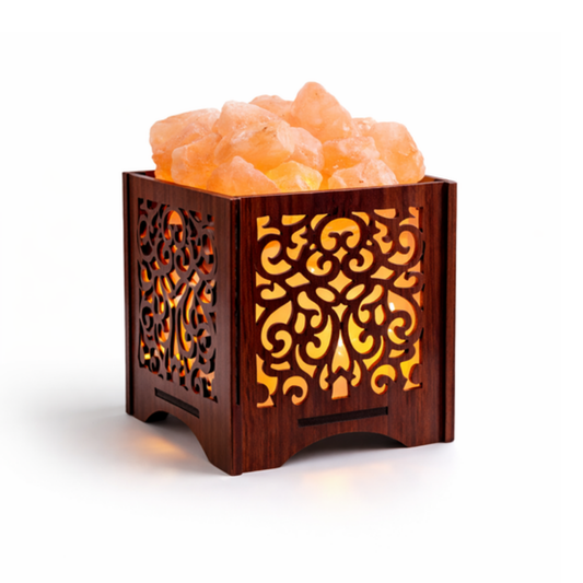 Himalayan Pink Salt Lamp – Ornate Carved Wooden Crystal Glow Lamp
