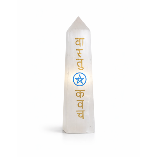 Vastu Kavach Engraved Selenite Pencil Tower – Energy Cleansing, Protection & Vastu Harmony