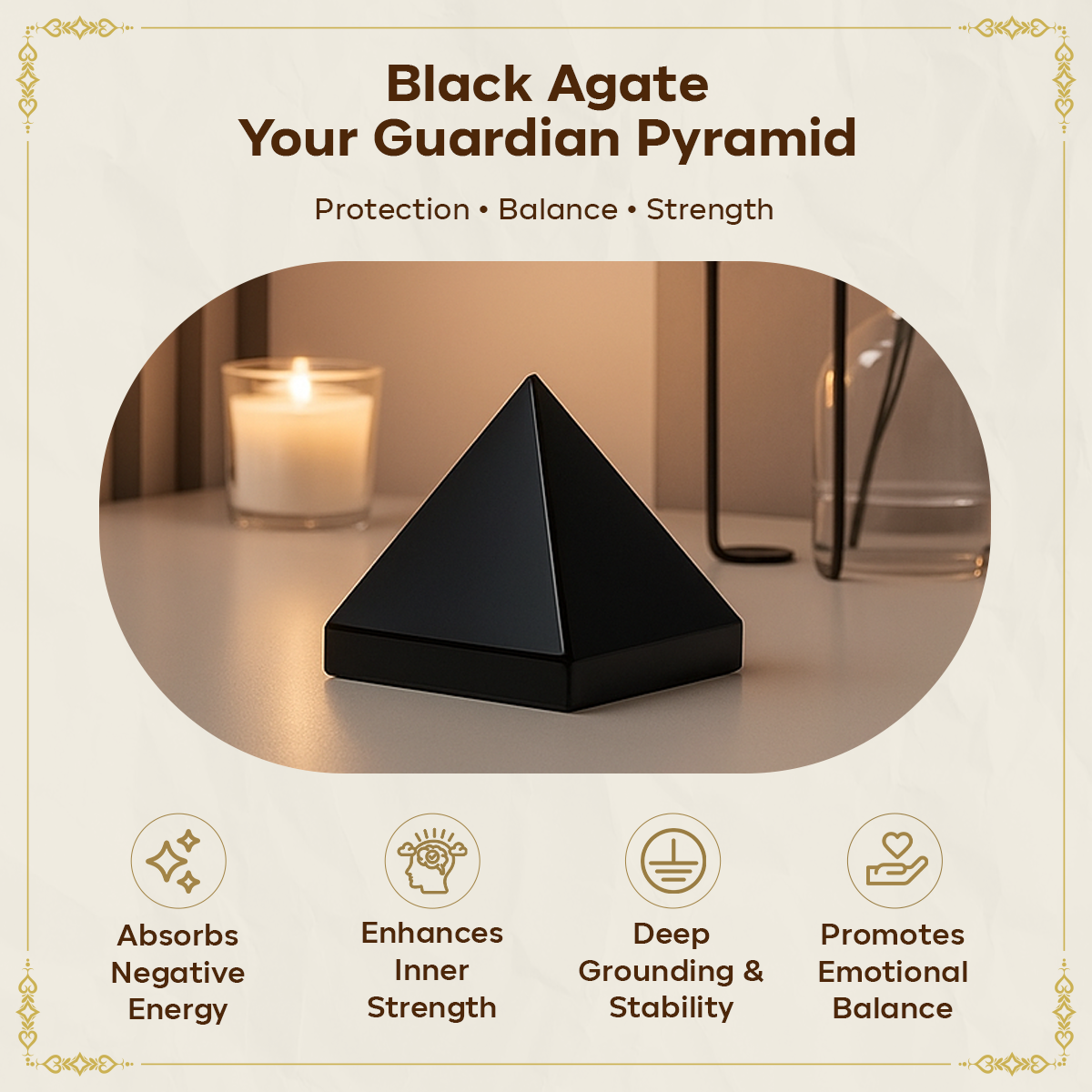Natural Black Agate Pyramid - Protection, Energy & Healing for Home Decor, Reiki & Vastu