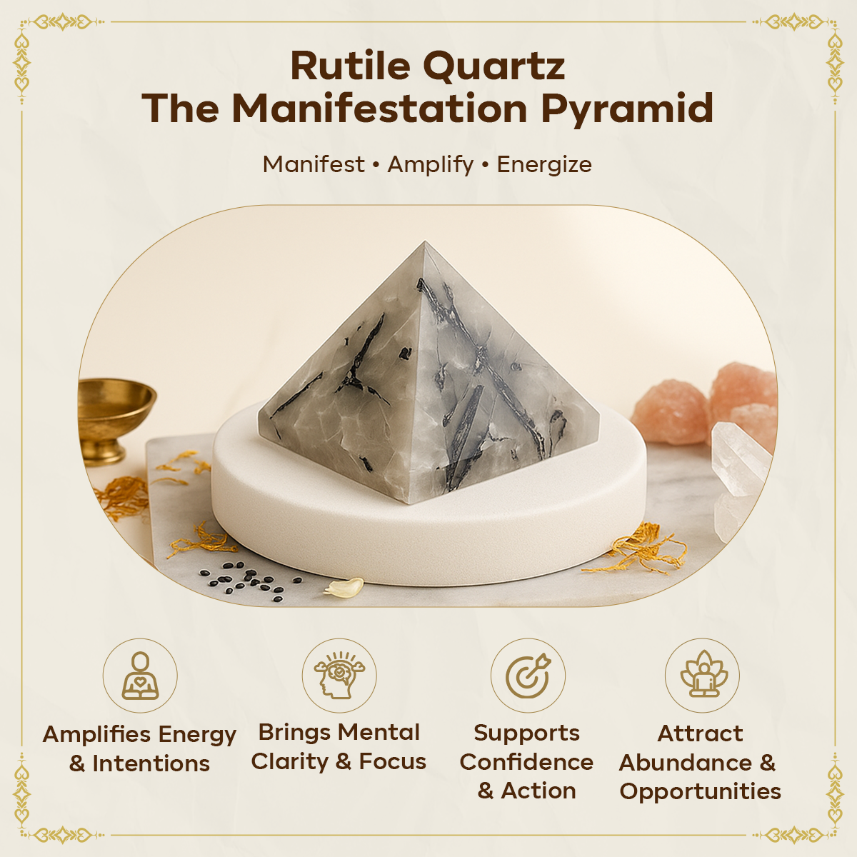 Natural Rutile Quartz Pyramid for Energy Amplification, Clarity, Manifestation, Meditation, and Home Decor