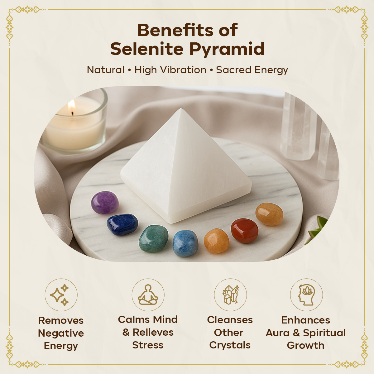 Natural Selenite Crystal Pyramid for Positive Energy, Vastu, Reiki and Chakra Healing