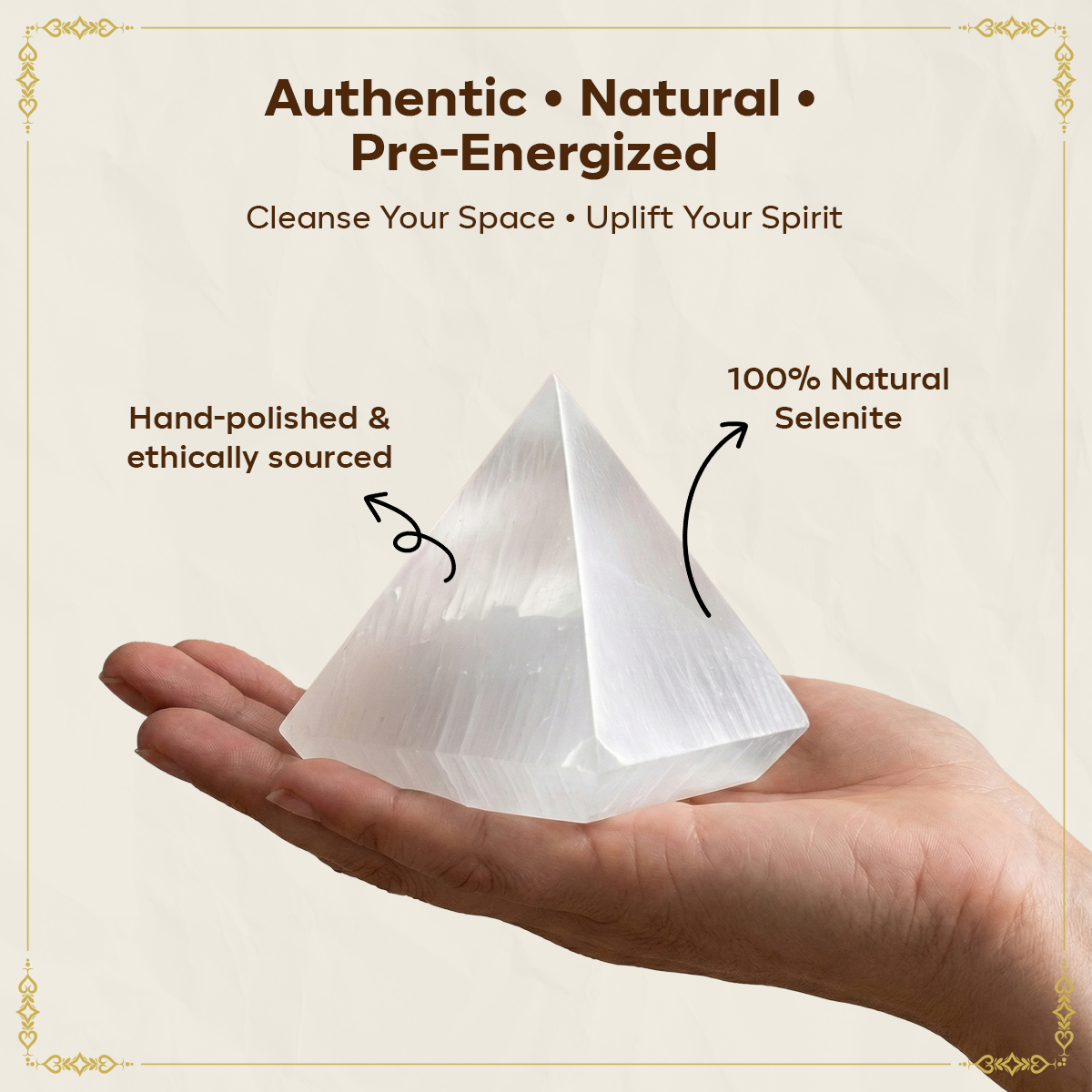 Natural Selenite Crystal Pyramid for Positive Energy, Vastu, Reiki and Chakra Healing