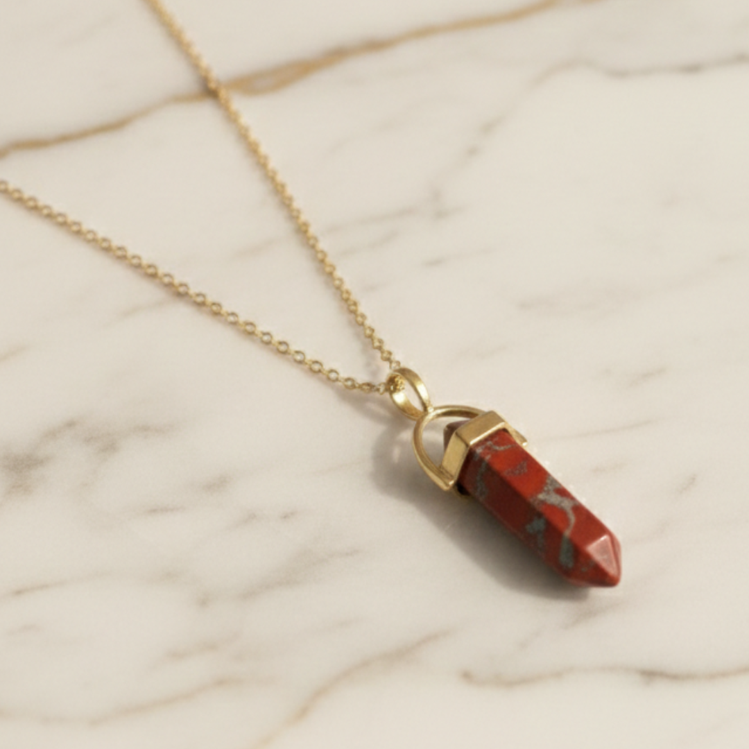 Red Jasper Crystal Pendant with Gold-Tone Chain