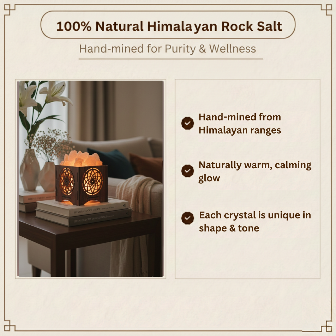 Himalayan Salt Lamp – Sacred Mandala Wooden Crystal Glow Lamp