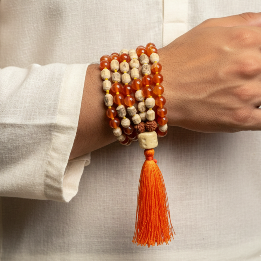 Tulsi and Carnelian (54+1) Guru Bead Japa Mala For Devotion, Strength & transformation