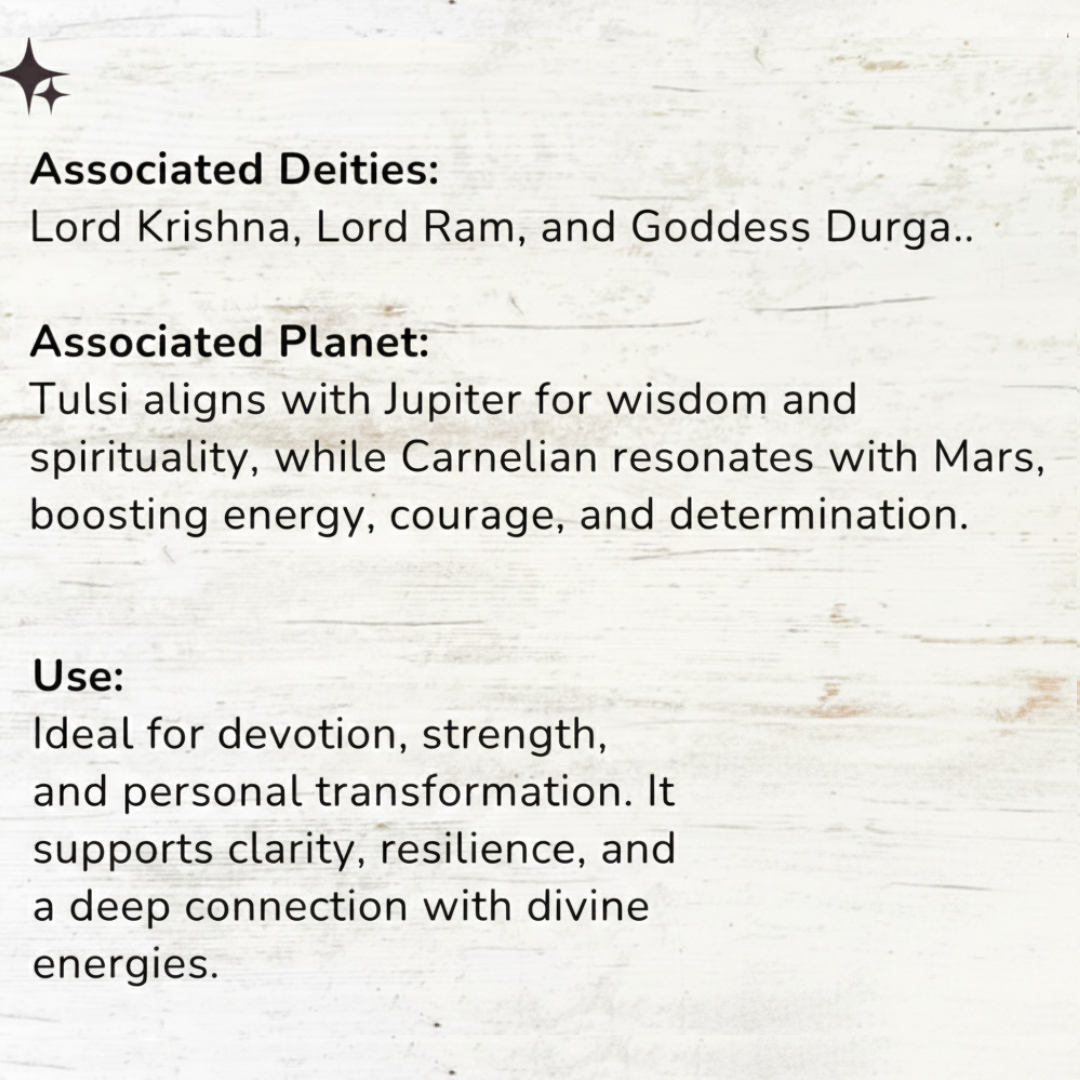 Tulsi and Carnelian (108+1) Guru Bead Japa Mala For Devotion, Strength & transformation