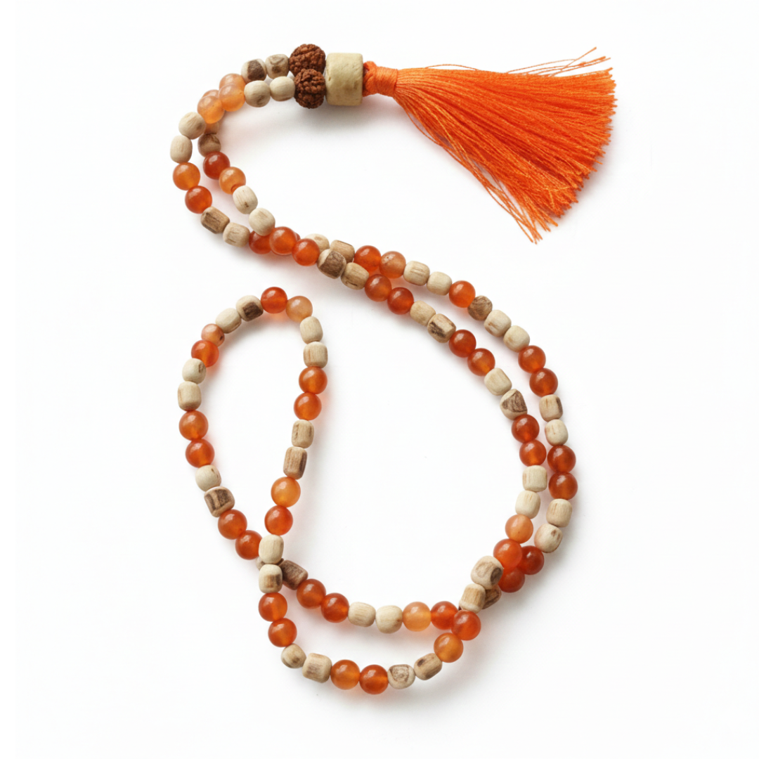Tulsi and Carnelian (108+1) Guru Bead Japa Mala For Devotion, Strength & transformation