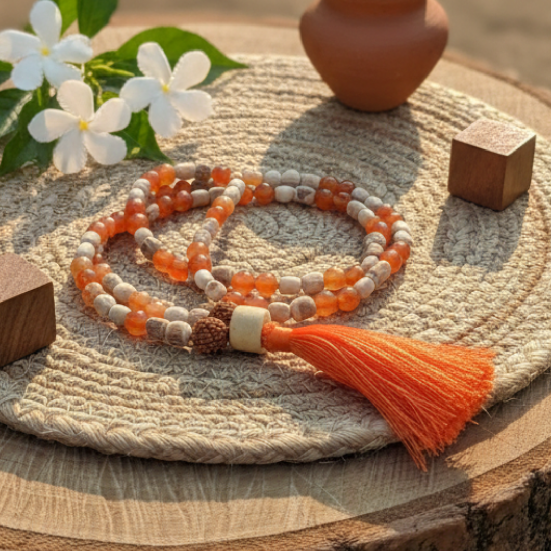 Tulsi and Carnelian (108+1) Guru Bead Japa Mala For Devotion, Strength & transformation