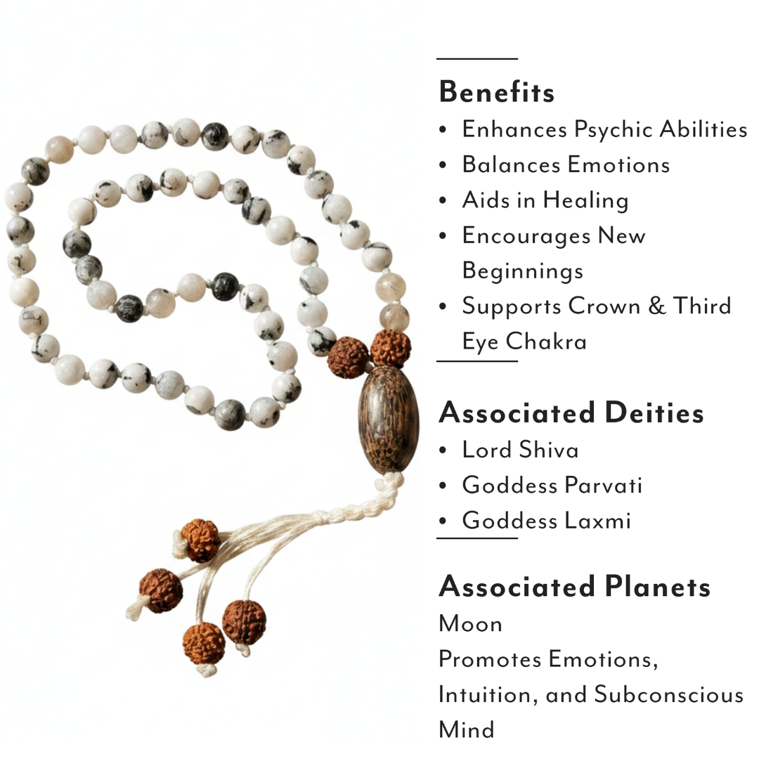 Rainbow Moonstone (54+1) Guru Bead Japa Mala For Intuition, Emotional Balance & Spiritual Growth