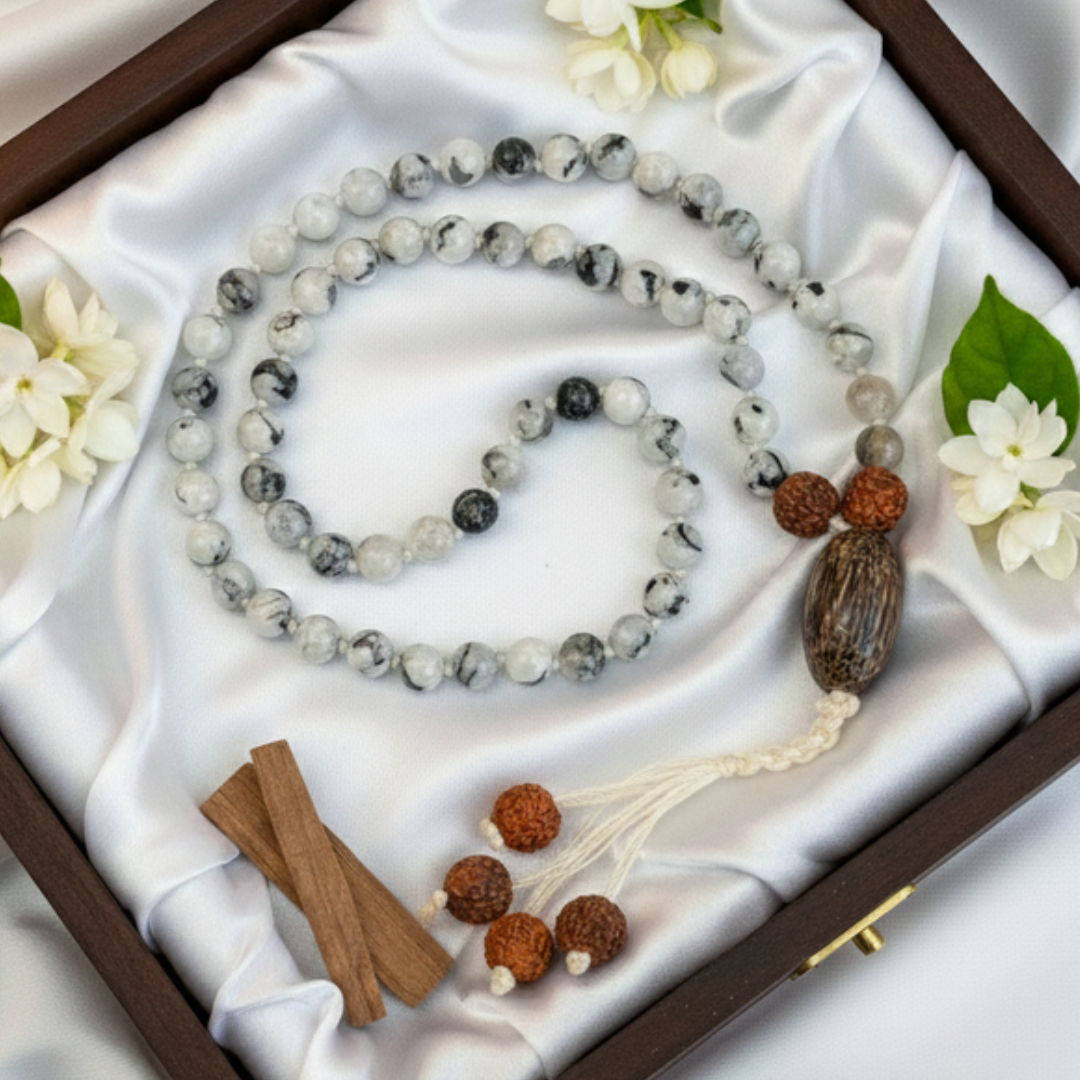 Rainbow Moonstone (54+1) Guru Bead Japa Mala For Intuition, Emotional Balance & Spiritual Growth