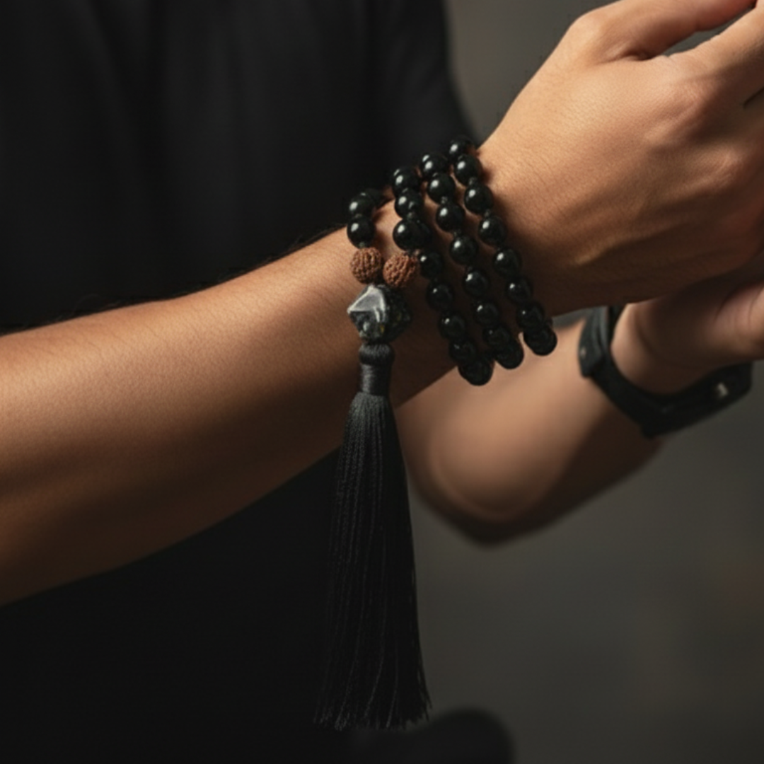 Black Tourmaline (54+1) Guru Bead Japa Mala For Protection, Grounding, Resilience