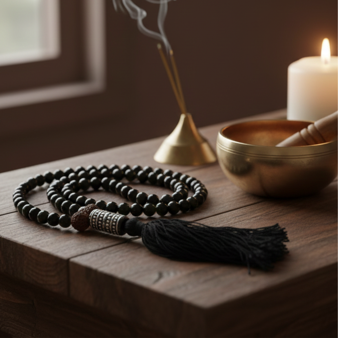 Black Tourmaline (108+1) Guru Bead Japa Mala For Protection, Grounding, Resilience
