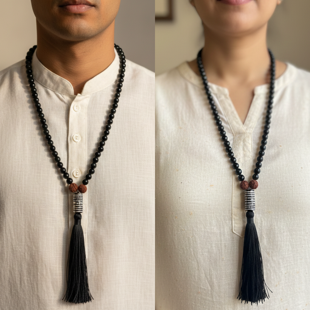 Black Tourmaline (108+1) Guru Bead Japa Mala For Protection, Grounding, Resilience